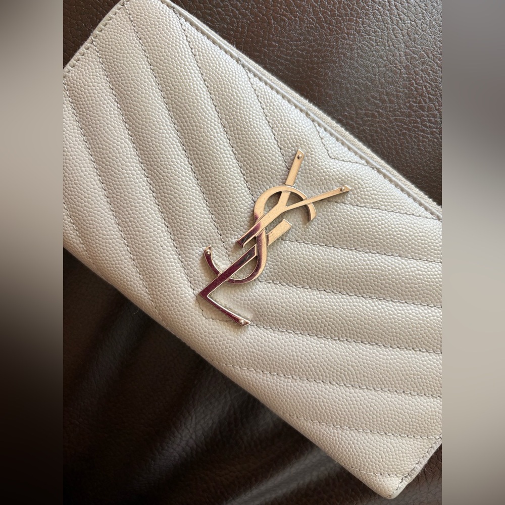 Yves Saint Laurent gray Wallet with sliver Logo.